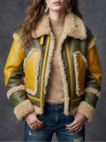 Yellow Green Color Block Faux Fur Trim Jacket