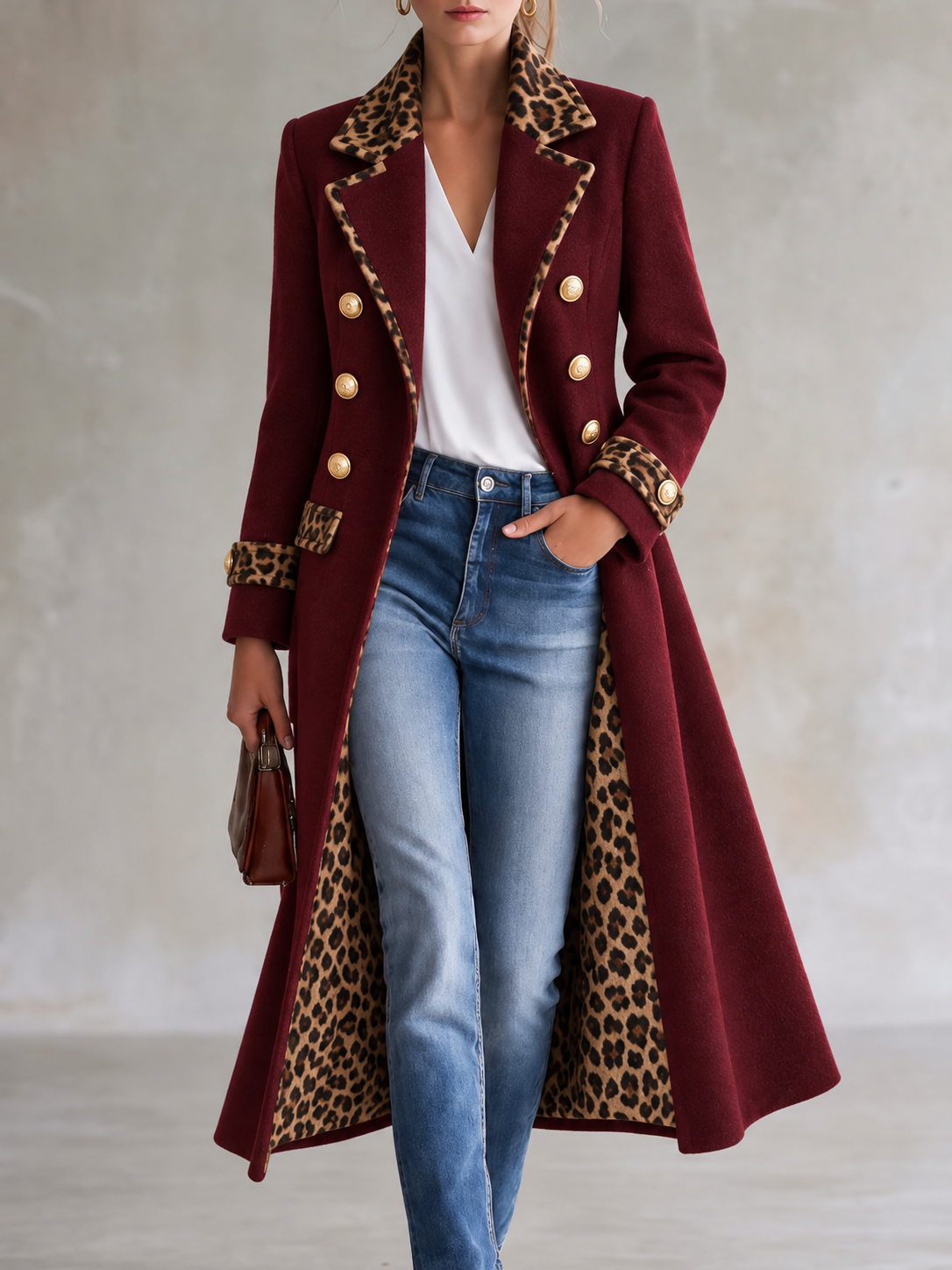 Burgundy Leopard Print Trim Coat