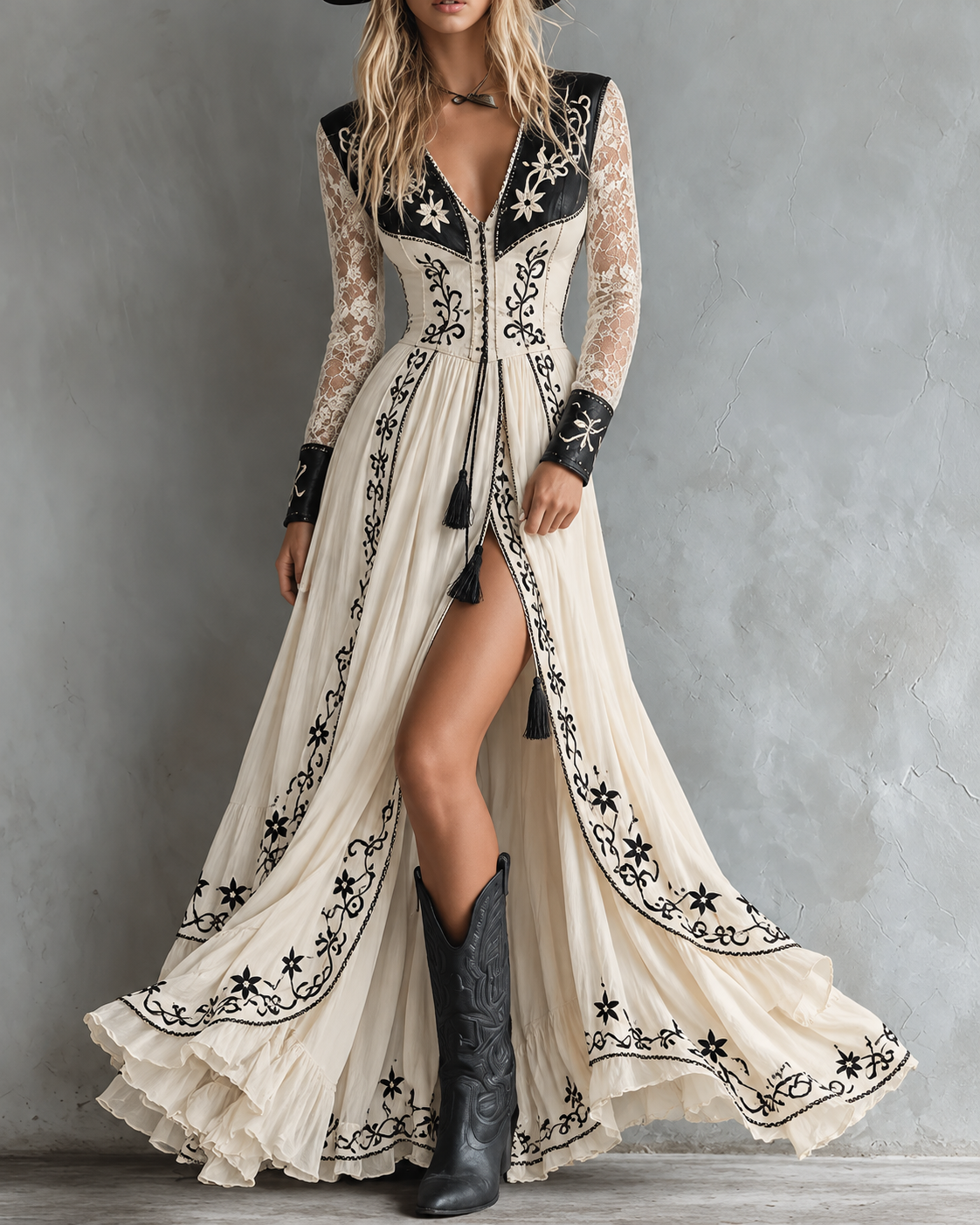 Cream Black Embroidered Western Maxi Dress