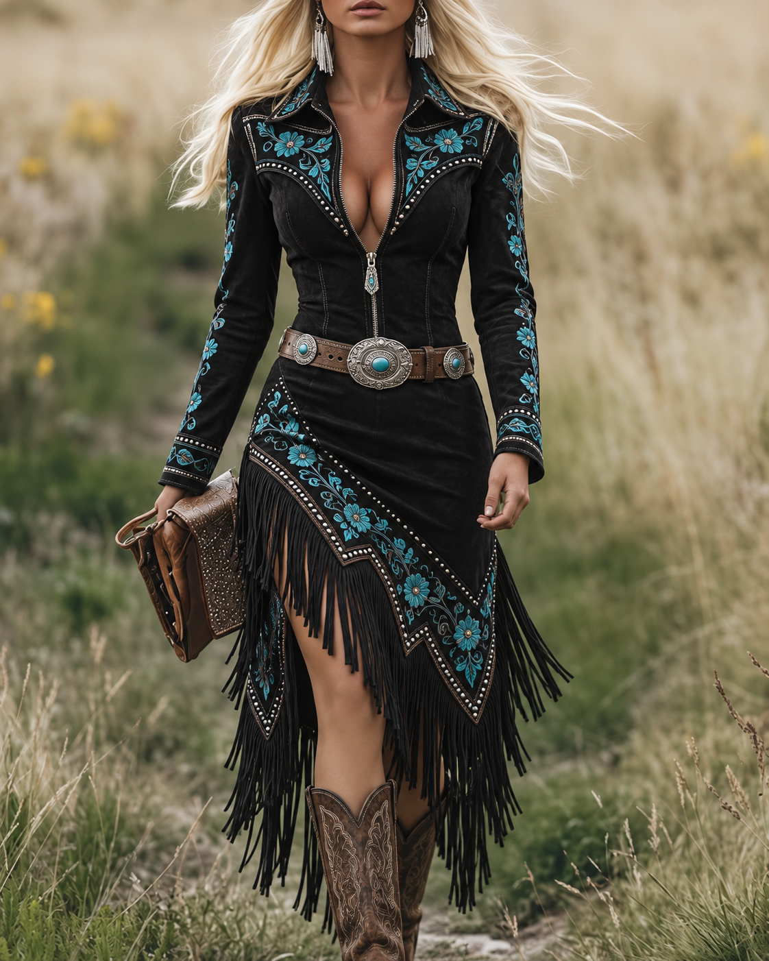 Black Turquoise Embroidered Fringe Western Dress
