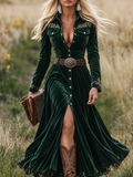 Green Velvet Embroidered Fringe Western Maxi Dress