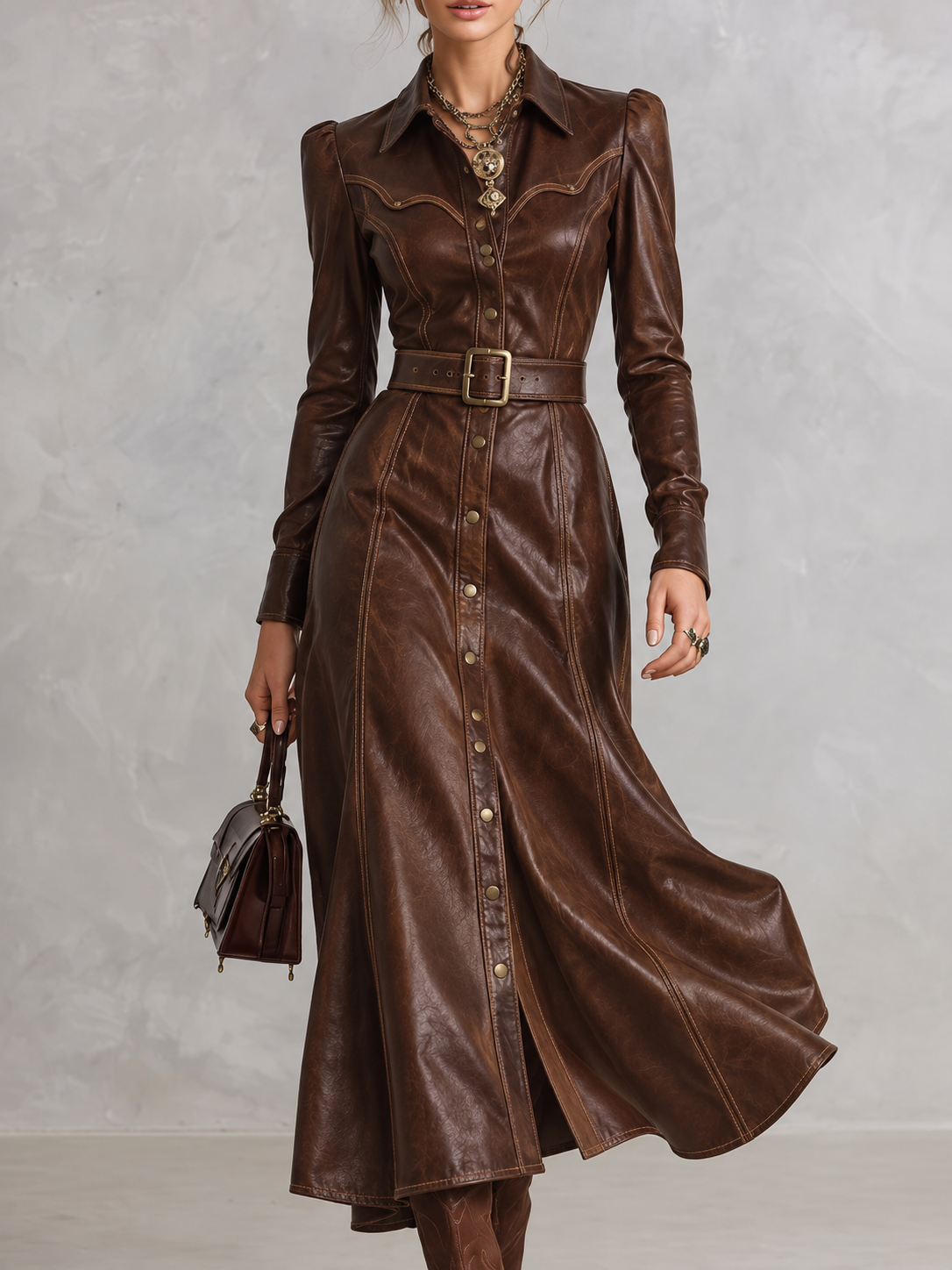 Brown Faux Leather Button Front Midi Dress