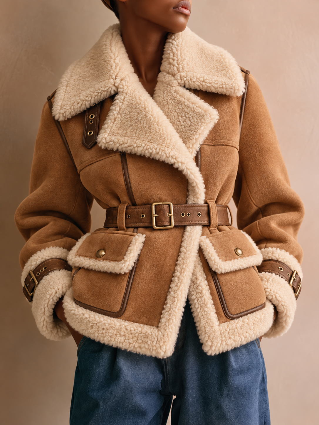 Camel Faux Fur Trim Belted Jacket