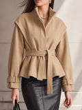 Camel Belted Peplum Wrap Jacket