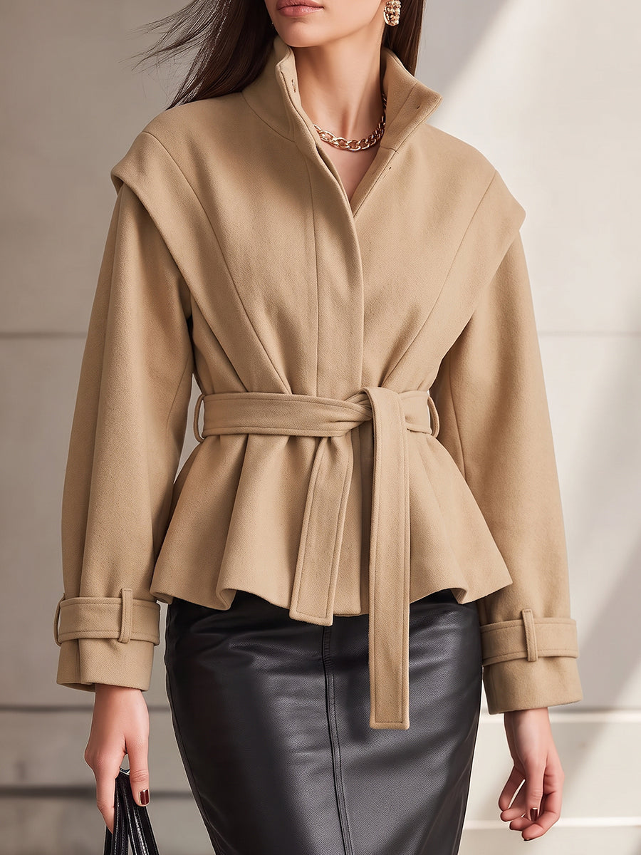 Camel Belted Peplum Jacket