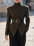 DarkBrown Belted Funnel Neck Jacket