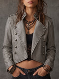 Grey Faux Leather Double Breasted Cropped Jacket