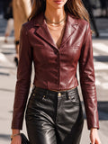 Burgundy Faux Leather Button Front Cropped Jacket