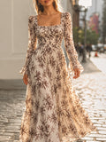 Brown Floral Print Ruffle Sleeve Maxi Dress