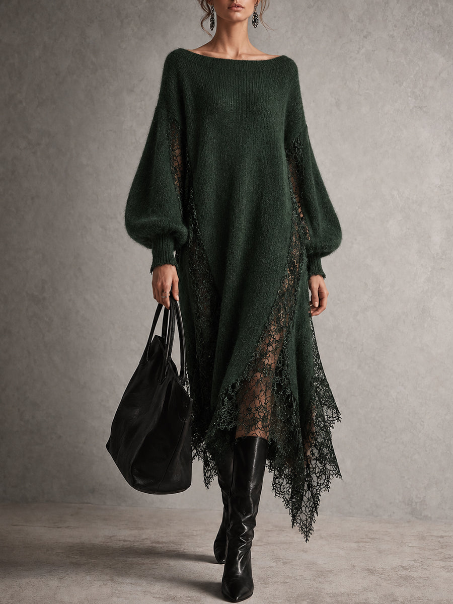 DarkGreen Lace Trim Sweater Midi Dress