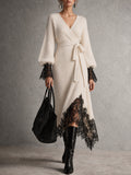 Cream Wrap Front Lace Trim Midi Dress