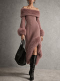 Mauve Faux Fur Trim Off Shoulder Midi Dress