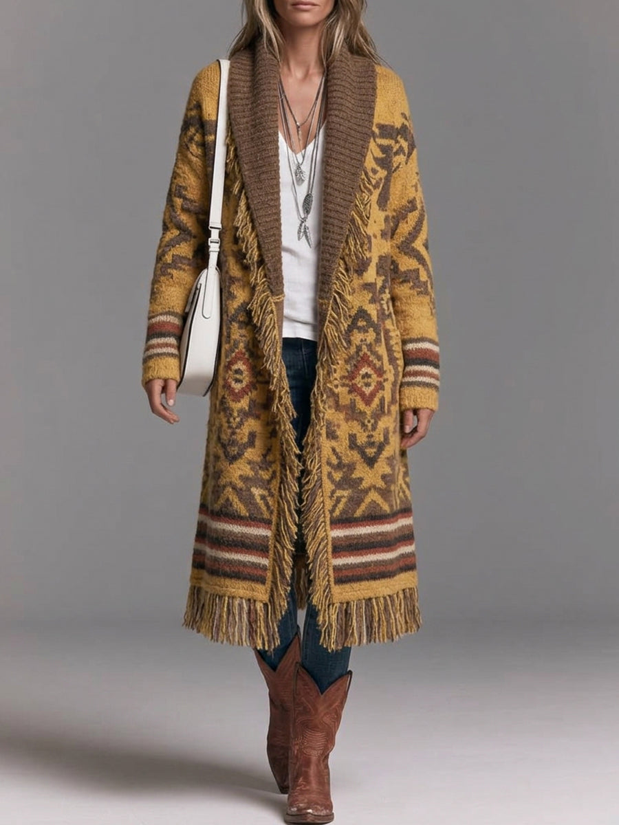 Mustard Aztec Print Fringe Long Cardigan