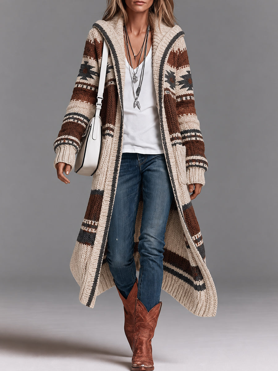 Cream Brown Aztec Print Long Cardigan