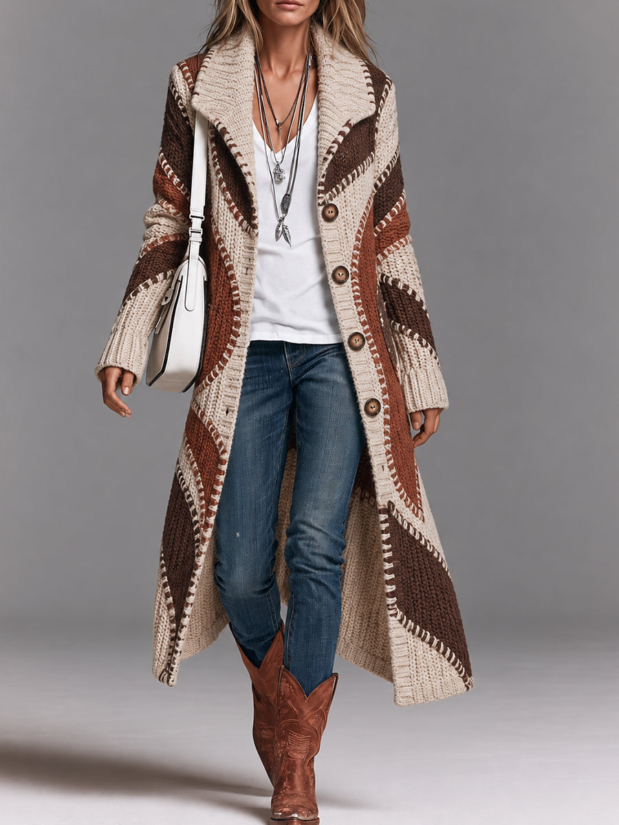 Cream Brown Aztec Print Button Front Long Cardigan