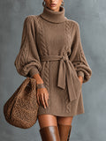 Taupe Cable Knit Turtleneck Belted Sweater Dress