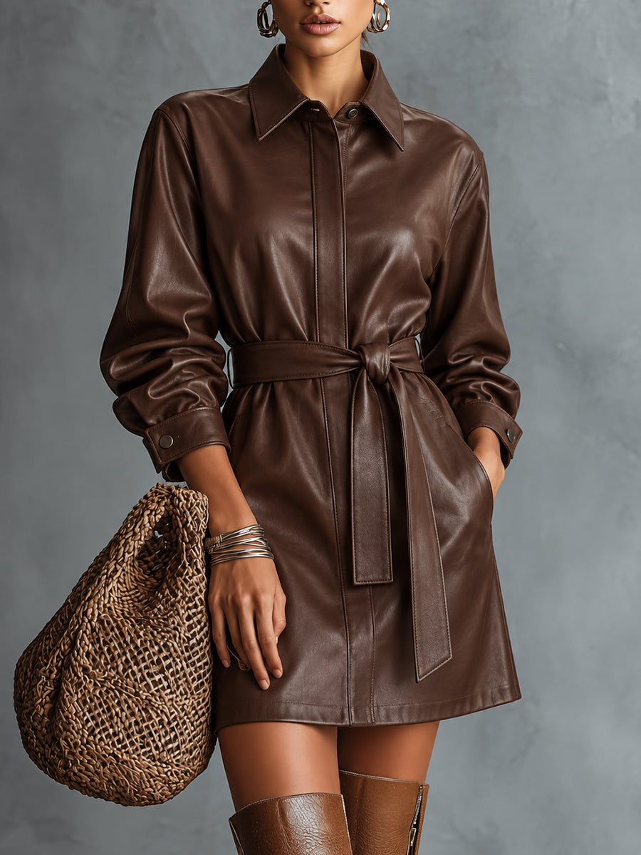 DarkBrown Faux Leather Belted Shirt Dress