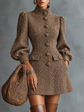 Brown Herringbone Tweed Button Front Mini Dress