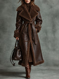 DarkBrown Faux Shearling Belted Long Coat