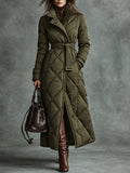 Olive Quilted Belted Long Coat