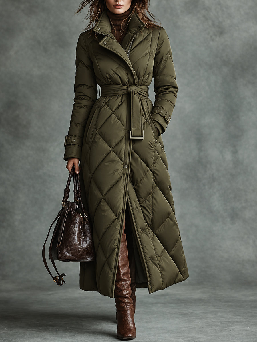 Olive Quilted Belted Long Coat