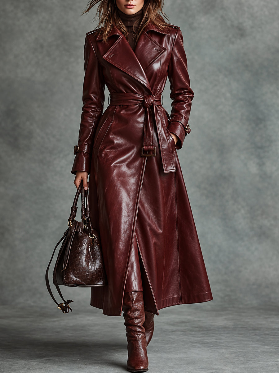 Burgundy Faux Leather Belted Long Coat