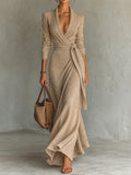 Beige Ribbed Knit Wrap Maxi Dress