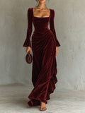 Burgundy Velvet Square Neck Draped Maxi Dress