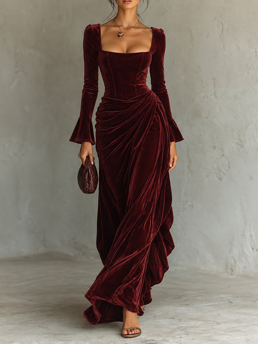 Burgundy Velvet Square Neck Draped Maxi Dress