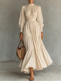 Cream Textured High Neck Tiered Maxi Dress