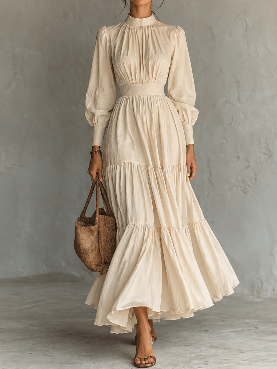 Cream Textured High Neck Tiered Maxi Dress