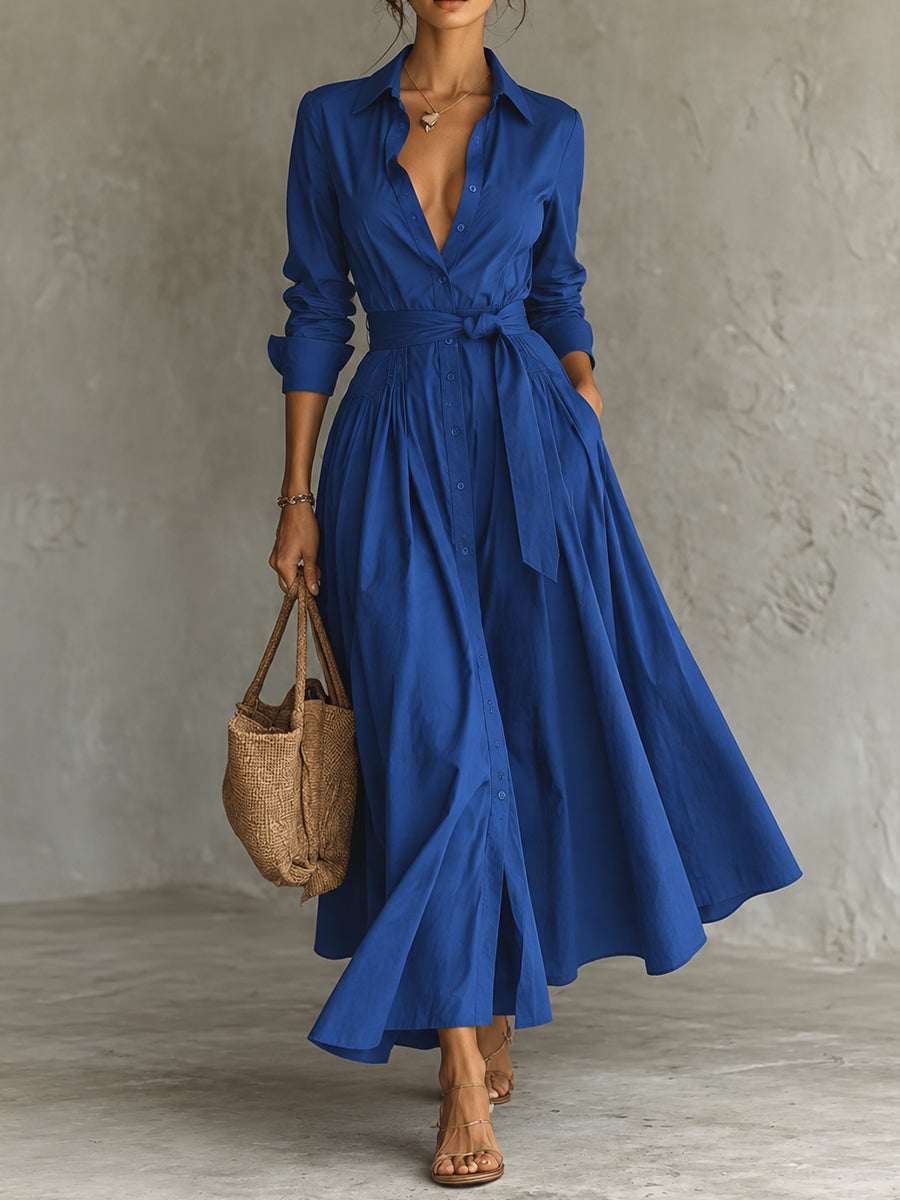 RoyalBlue Button Front Tie Waist Maxi Dress