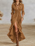 Camel Faux Suede Ruched Button Front Maxi Dress