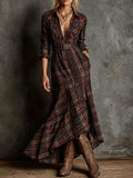 Brown Plaid Button Front Tiered Maxi Dress