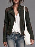 DarkGreen Faux Leather and Canvas Moto Jacket