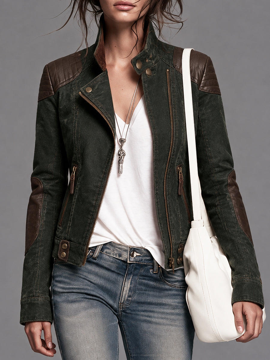 DarkGreen Faux Leather and Canvas Moto Jacket