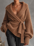 Camel Wrap Front Tie Waist Sweater
