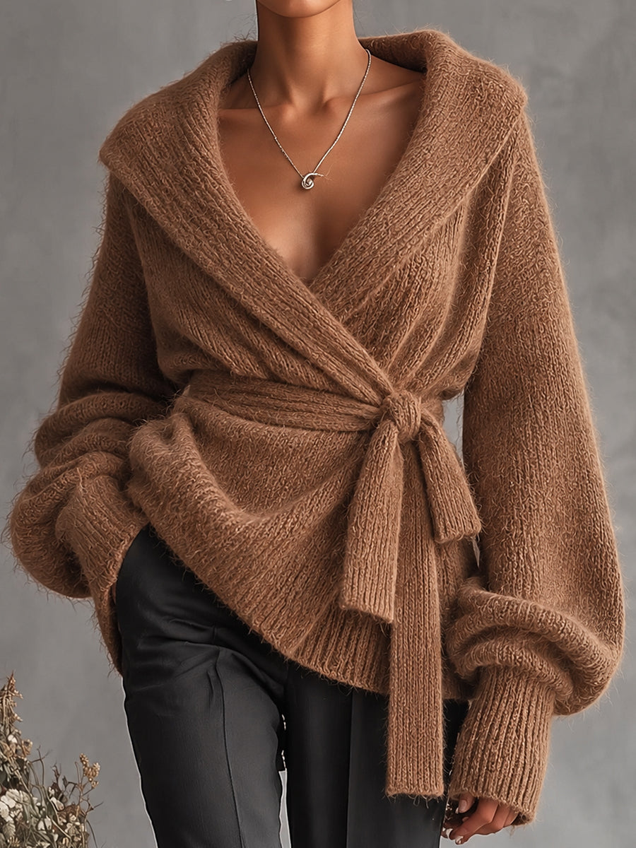 Camel Wrap Front Tie Waist Sweater