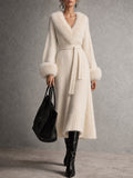 Cream Faux Fur Trim Long Cardigan