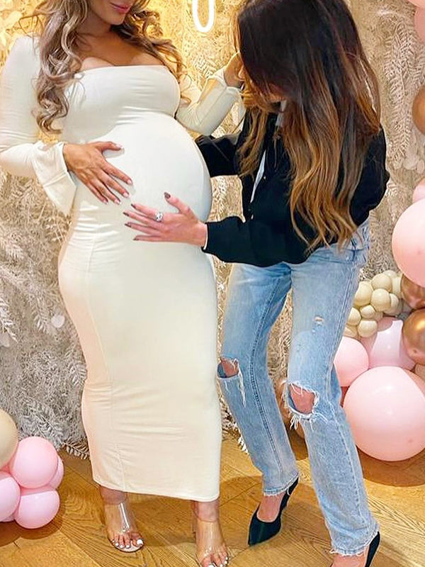 Elegant Long Sleeve Maternity Dress Ultimate Baby Shower Outfit White Bodycon Dress