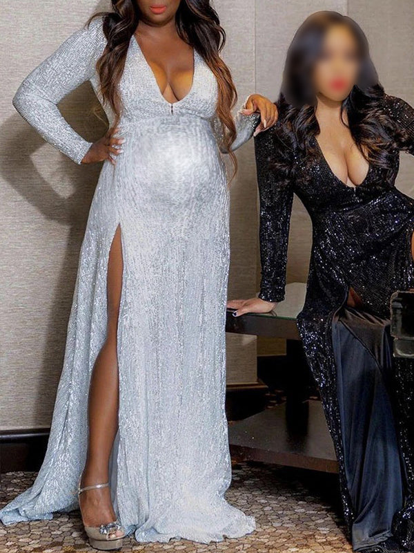 Sequin V-Neck Side Slit Long Sleeve Elegant Banquet Maternity Maxi Dress