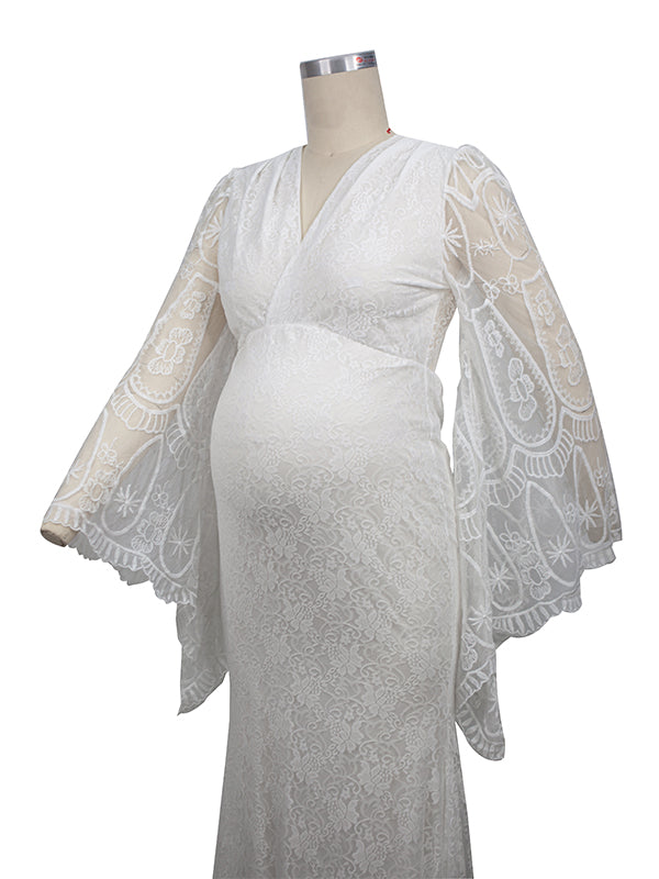 White Lace Trumpet V-Neck Flare Sleeve Bodycon Prom Wedding Gown Photoshoot Maternity Maxi Dress