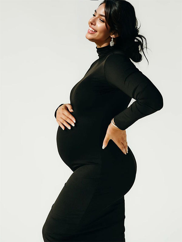 Solid Color High Neck Bodycon Mermaid Photoshoot Maternity Maxi Dress