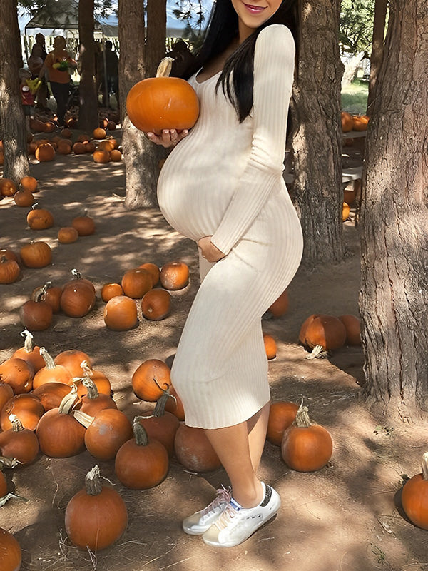Solid Knitted Rib Fabric Off Shoulder V-neck Fall Fashion Maternity Photoshoot Maxi Dress