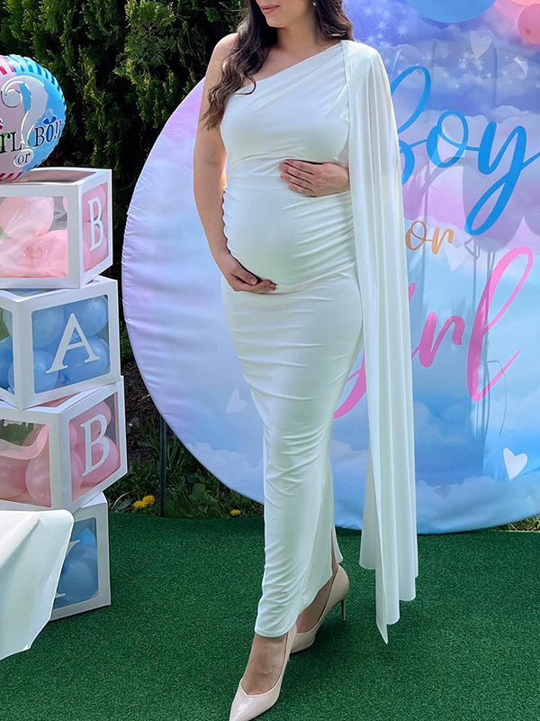White One-Shoulder Belly Friendly Ruched Cape Sleeve Elegant Babyshower Maternity Maxi Dress