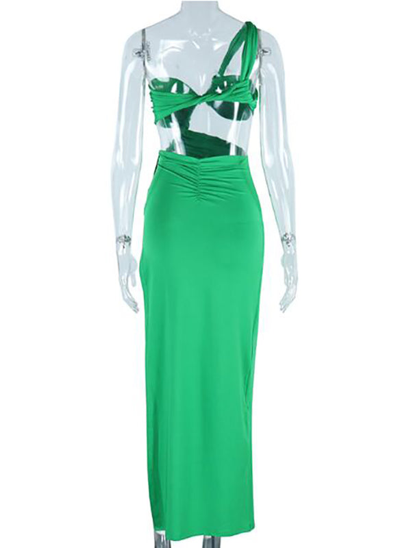 Green Irregular Cut Out One Shoulder High Slit Photoshoot Photography Pregnancy Maternity Maxi Dress