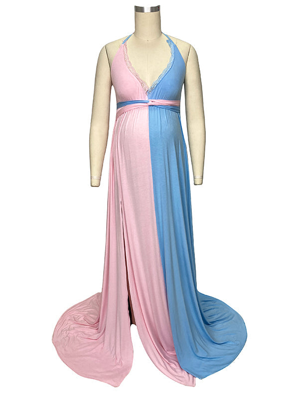 Pink&Blue Lace Backless Side Slit Gender Reveal Cute Maternity Maxi Dress