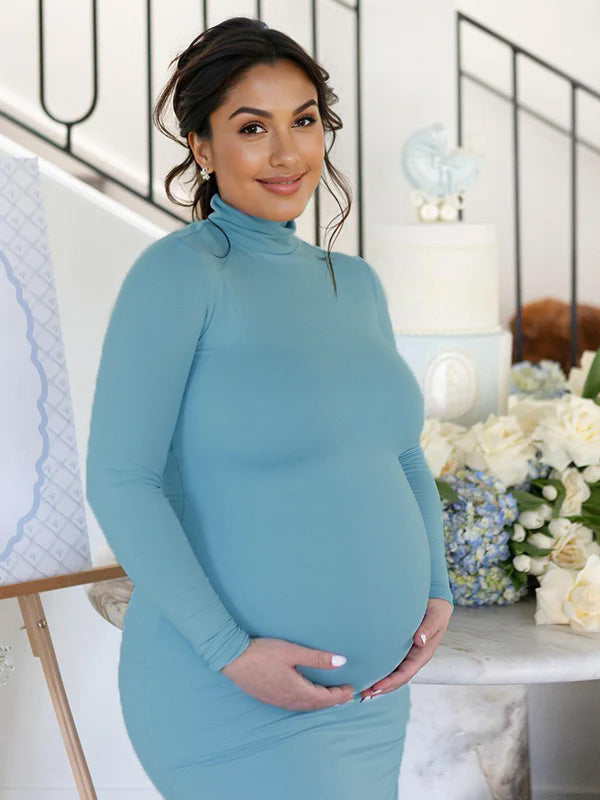 Blue High Neck Long Sleeve Mermaid Elegant Gender Reveal Maternity Photoshoot Baby Shower Maxi Dress
