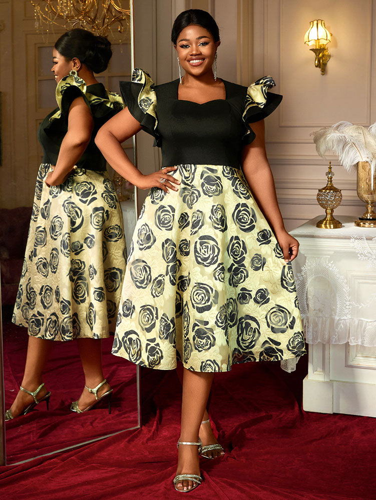 DRESS A Line Jacquard Midi Wedding Guests Dresses Pleated Ruffles