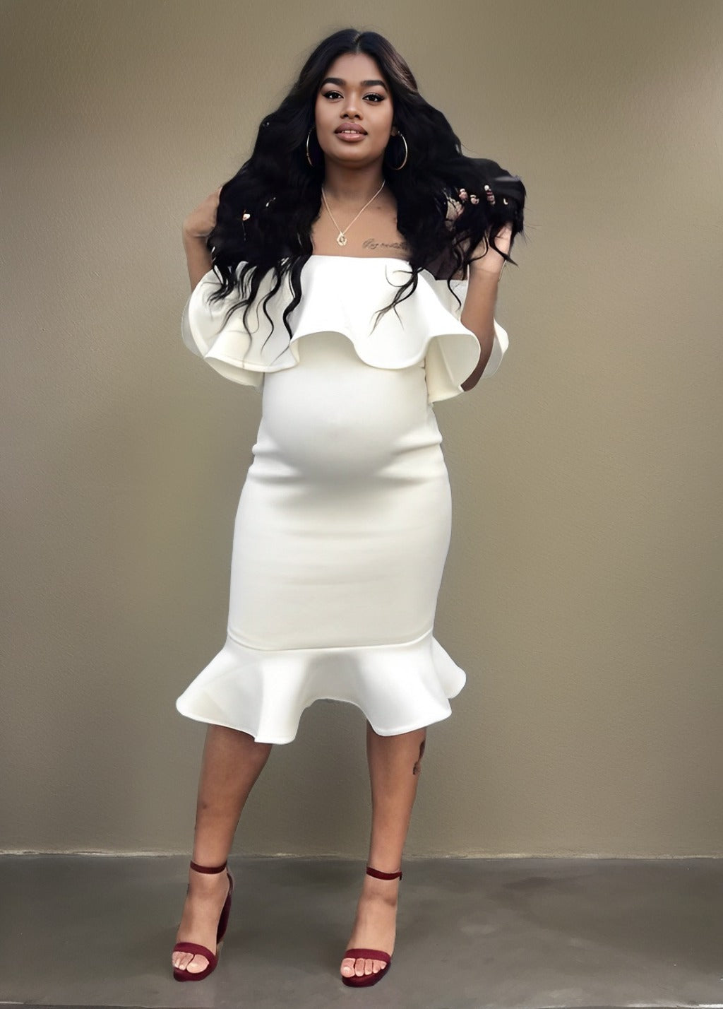 Ruffle Off Shoulder Mermaid Baby Shower Gorgeous Elegant Party Pregnant Maternity Maxi Dress